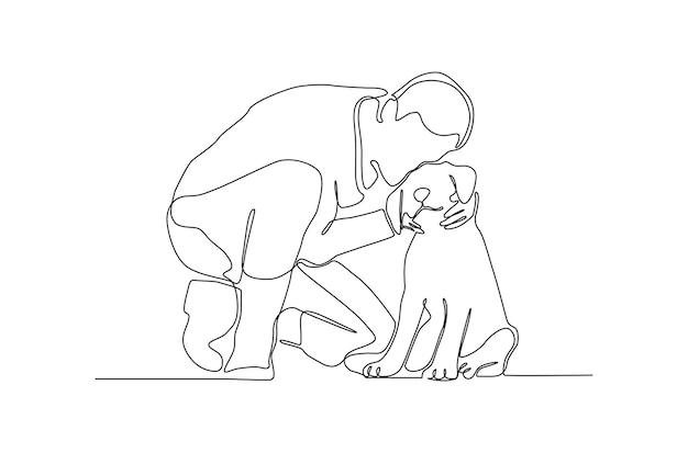 Dessin Au Trait Continu D'un Homme Avec Son Illustration Vectorielle De Chien Vecteur Premium