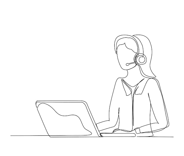Vecteur dessin au trait continu d'une jeune femme assise devant un ordinateur avec une femme simple de casque comme illustration vectorielle de client serive contour