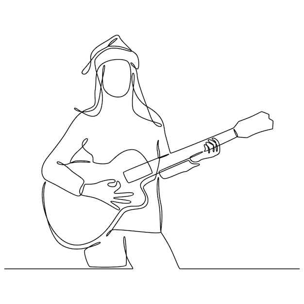 Dessin Au Trait Continu D'une Jeune Femme Au Chapeau Jouant De La Guitare Isolée