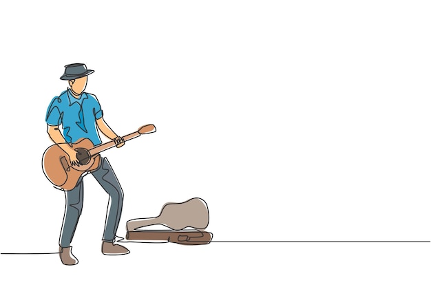 Vecteur un dessin au trait continu d'un jeune guitariste masculin debout et illustration vectorielle de conception de rue