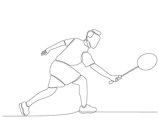 dessin au trait continu de jeune homme jouant au vecteur de badminton premium