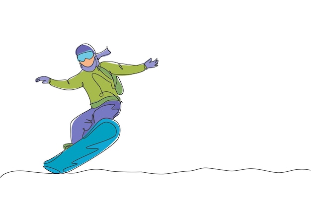 Vecteur un dessin au trait continu d'un jeune homme sportif snowboarder équitation snowboard sport de style de vie d'hiver