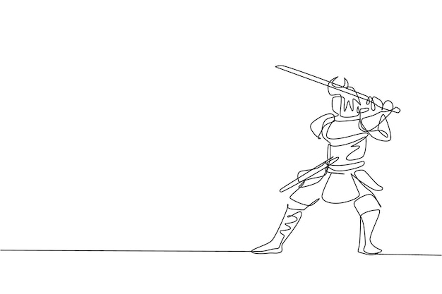 Un dessin au trait continu d'un jeune shogun samouraï courageux portant un masque prêt à attaquer à l'entraînement
