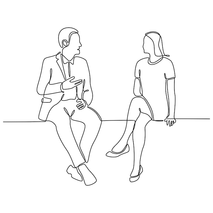 Vecteur dessin au trait continu de jeunes hommes et femmes ayant une conversation isolée sur fond blanc