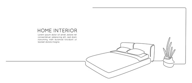 Dessin au trait continu d'un lit double et d'une plante en pot Mobilier élégant scandinave pour chambre à coucher dans un style linéaire simple Illustration vectorielle de trait modifiable Doodle