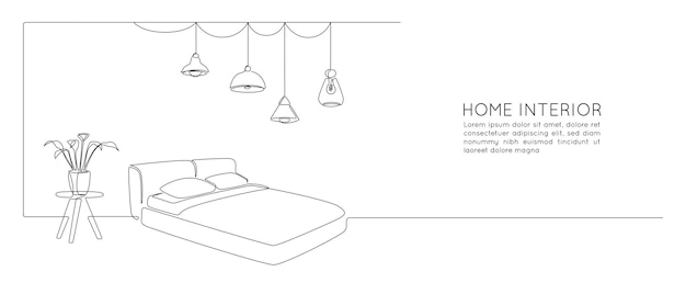 Dessin au trait continu d'un lit double et d'une table avec plante d'intérieur et lampes suspendues suspendues Mobilier scandinave pour chambre à coucher dans un style linéaire simple Illustration vectorielle
