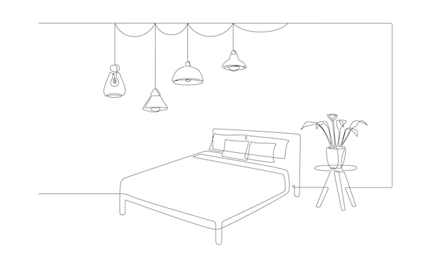 Dessin Au Trait Continu D'un Lit Double Et D'une Table Avec Plante En Pot Et Lampes Suspendues Loft Mobilier De Maison Scandinave Pour Chambre à Coucher Dans Un Style Linéaire Simple Illustration Vectorielle Doodle