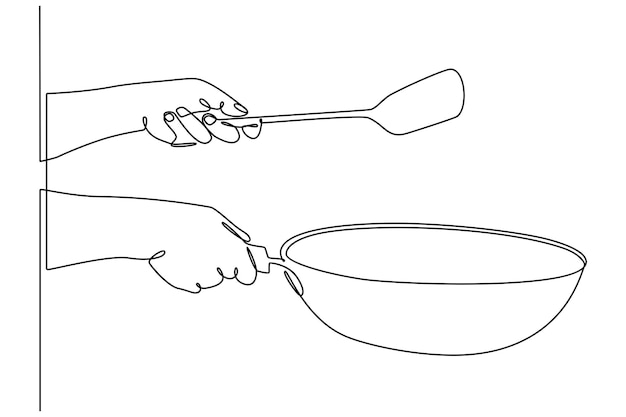 Dessin Au Trait Continu D'une Main De Cuisinier Avec Une Casserole Et Une Spatule Isolée Sur Fond Blanc