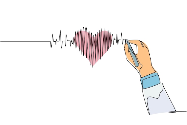 Vecteur un dessin au trait continu d'une main dessinant une image graphique du pouls du battement du cœur humain sur un tableau blanc