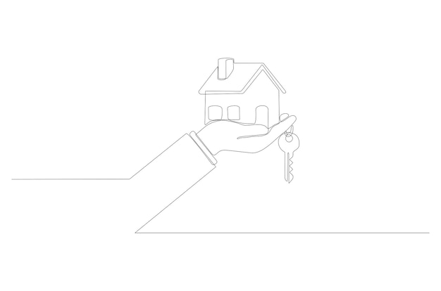 Dessin Au Trait Continu D'une Main Tenant Une Illustration Vectorielle De Clé De Maison Vecteur Premium