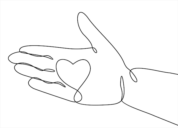 Un dessin au trait continu d'une main tenant une illustration vectorielle de coeur