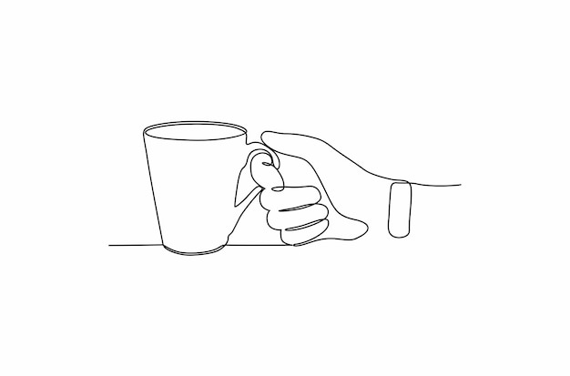 Dessin Au Trait Continu Une Main Avec Tenant Une Illustration Vectorielle De Tasse Blanche Vecteur Premium