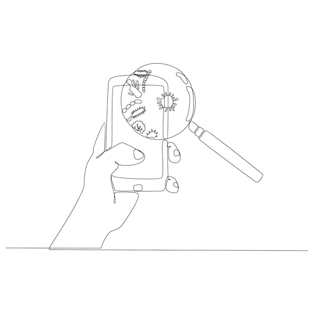 Dessin Au Trait Continu D'une Main Tenant Un Téléphone Portable Avec Une Loupe Identifiant