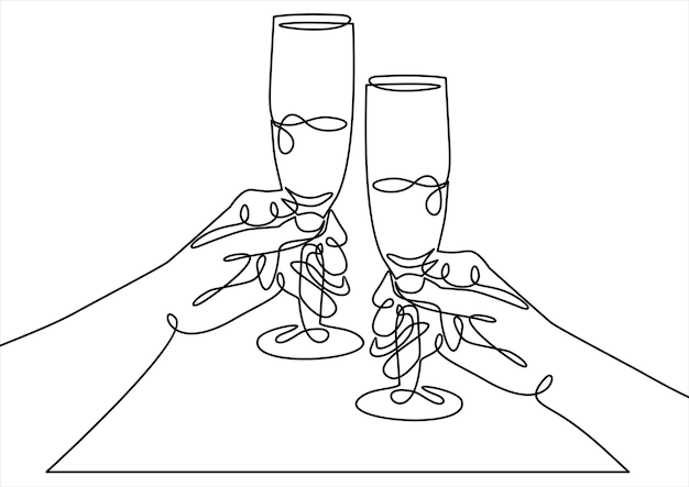 Dessin Au Trait Continu Mains Acclamant Avec Des Verres De Champagne