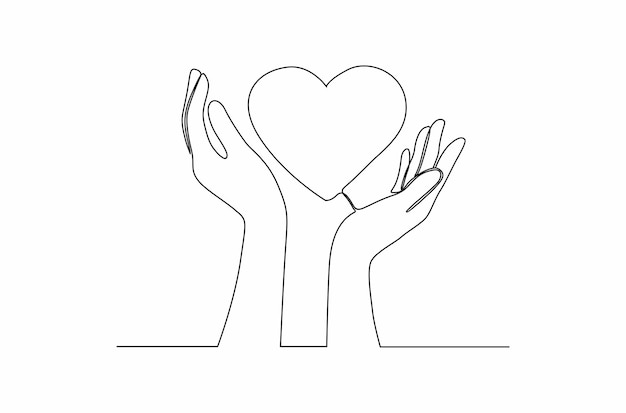 Dessin au trait continu des mains tenant l'illustration vectorielle de coeur amour Vecteur Premium