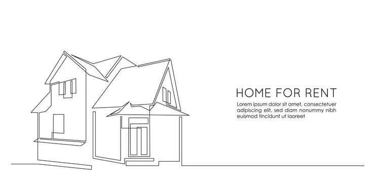 Un dessin au trait continu d'une maison familiale à deux étages au village. Concept moderne d'architecture de maison dans un style linéaire minimaliste pour la bannière web. Illustration vectorielle de griffonnage.