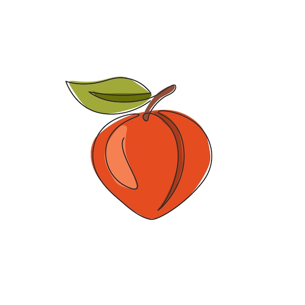 Un dessin au trait continu de pêche biologique entière et saine pour le logo du verger Icône de fruits frais