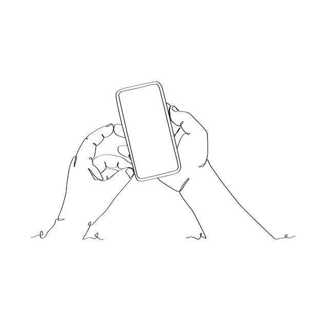 Vecteur dessin au trait continu de la personne tenant la main du smartphone tenant le smartphone