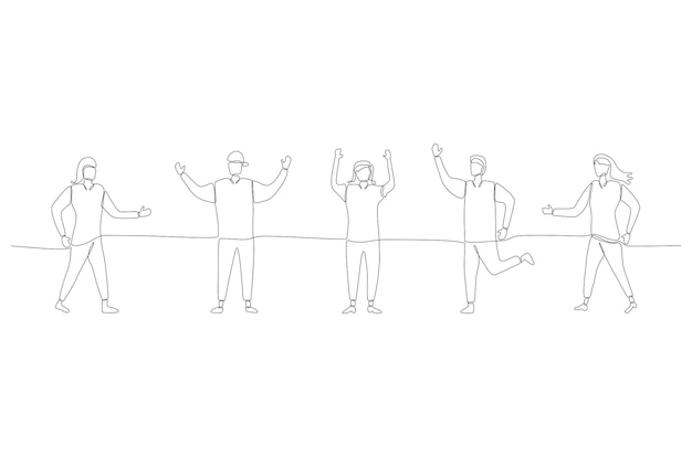 Vecteur dessin au trait continu de personnes sautant pour illustration vectorielle de bonheur concept vecteur premium