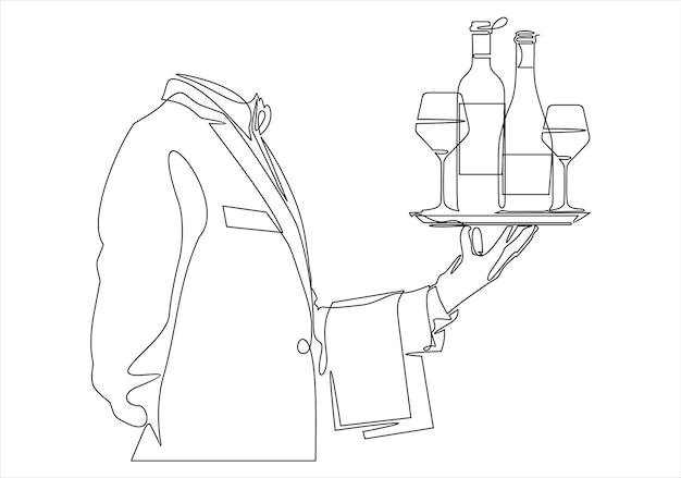 Vecteur dessin au trait continu d'un plateau de maintien de main de serveur avec une bouteille de vin et des verres
