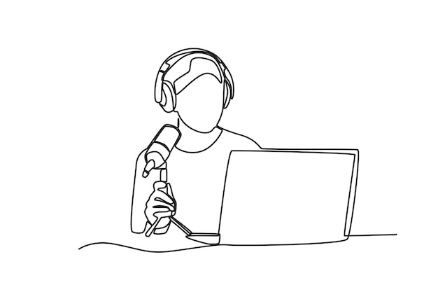 Un dessin au trait continu représentant un homme se prépare à enregistrer un podcast