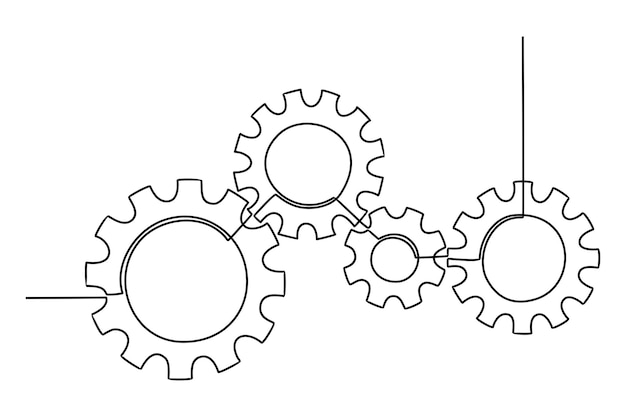 Vecteur dessin au trait continu de la roue d'engrenages les engrenages sont dessinés par une seule ligne sur fond blanc