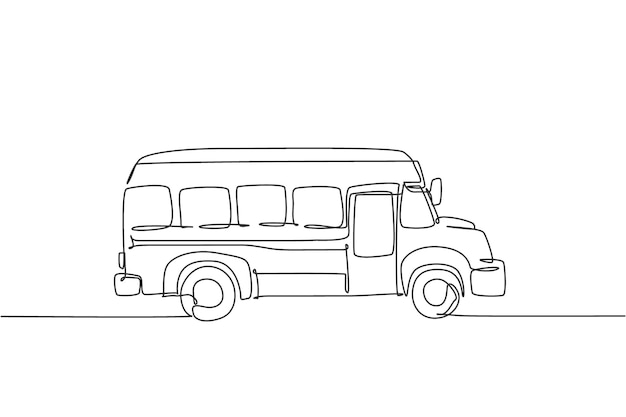 Dessin au trait continu unique d'un ancien véhicule de bus d'école primaire Style minimaliste de la rentrée scolaire