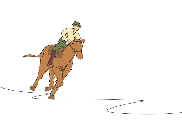 Dessin au trait continu unique cavalier professionnel courant avec un cheval autour des écuries
