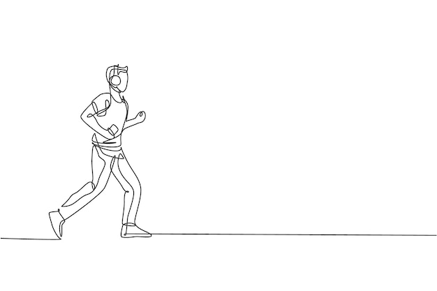 Dessin Au Trait Continu Unique Coureur D'homme Agile Courir Calme Et Se Détendre En écoutant De La Musique Vecteur De Conception