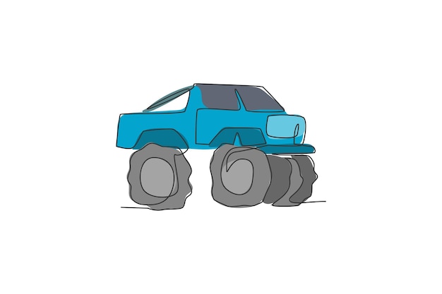 Vecteur dessin au trait continu unique d'un gros camion monstre en compétition concept de véhicule de course de concours