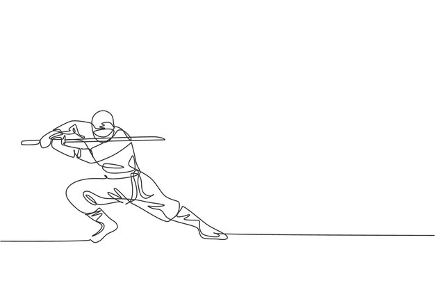 Vecteur dessin au trait continu unique d'un guerrier ninja japonais sur un costume de masque avec une pose de position d'attaque