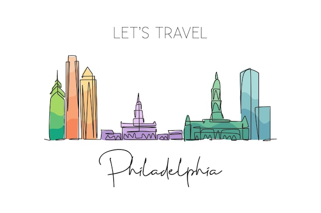 Dessin Au Trait Continu Unique Horizon De La Ville De Philadelphie états-unis D'amérique Paysage Célèbre