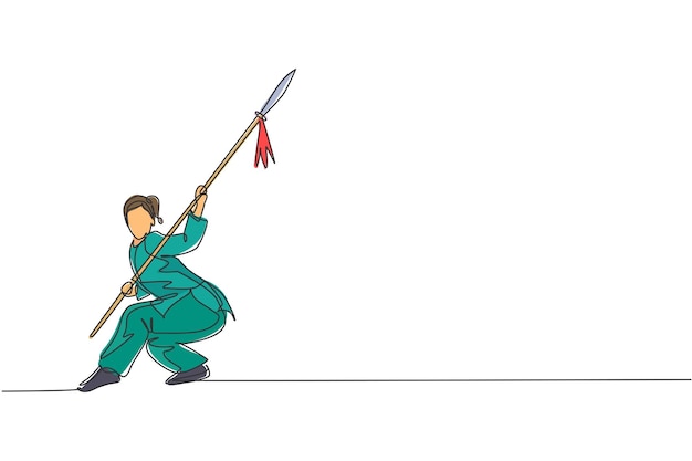 Vecteur dessin au trait continu unique d'une jeune femme combattante wushu kung fu en vecteur de lance d'entraînement uniforme