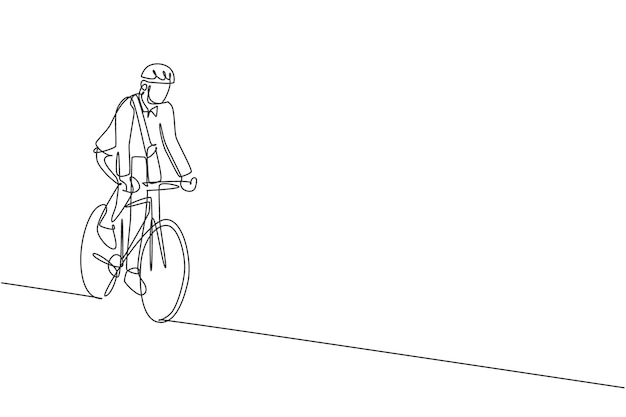 Dessin Au Trait Continu Unique Jeune Homme D'affaires Professionnel Faisant Du Vélo Vecteur Vélo Pour Travailler