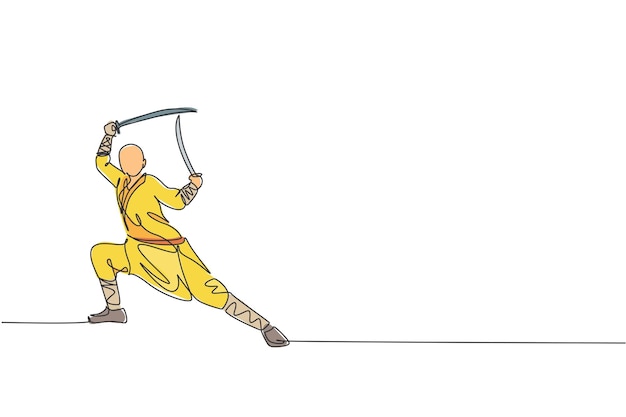 Vecteur dessin au trait continu unique jeune homme musclé moine shaolin entraîne l'art martial au vecteur du temple