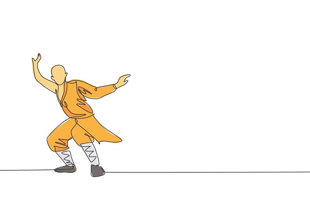 Vecteur dessin au trait continu unique jeune homme musclé moine shaolin entraîne l'art martial au vecteur du temple