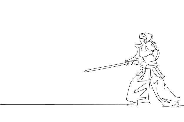 Dessin au trait continu unique jeune homme sportif pratiquant la compétence d'art martial de position de position de kendo