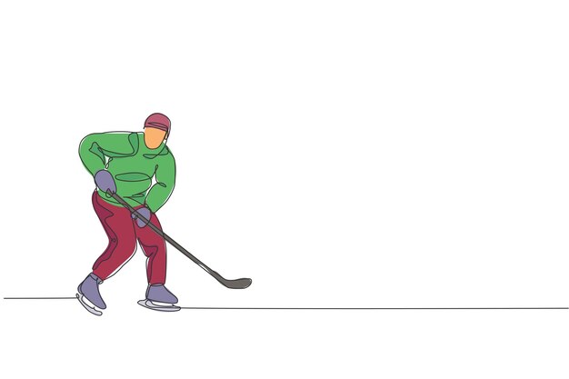 Dessin Au Trait Continu Unique D'un Jeune Joueur De Hockey Sur Glace Professionnel Attaque Sur Une Patinoire