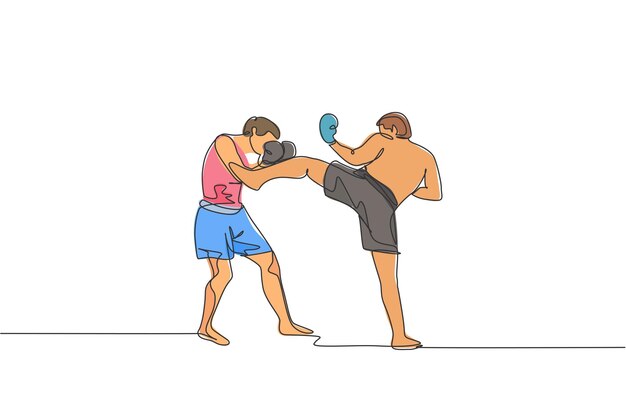 Vecteur dessin au trait continu unique d'un jeune sportif kickboxeur se battant pour le titre de champion local