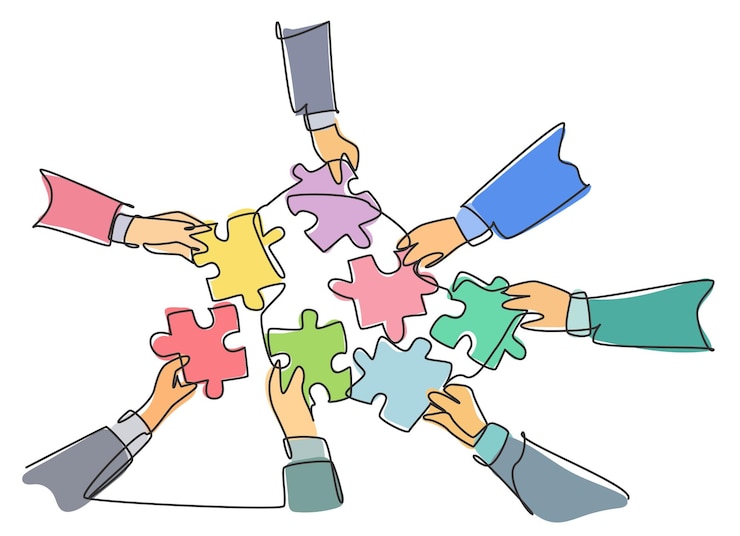 Vecteur un dessin au trait continu unique représentant des membres masculins et féminins de l'équipe commerciale réunit les pièces du puzzle
