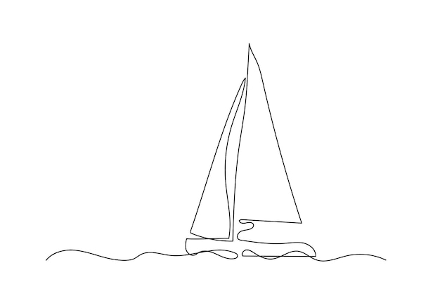 Vecteur dessin au trait continu d'un voilier dans la mer art du minimalisme