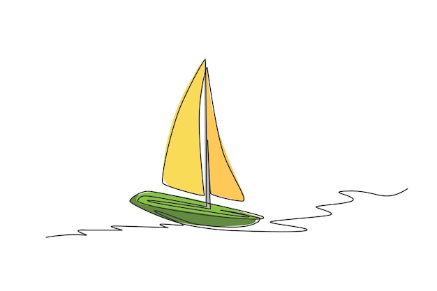 Un dessin au trait continu d'un voilier naviguant sur la mer Vecteur de véhicule de transport d'eau