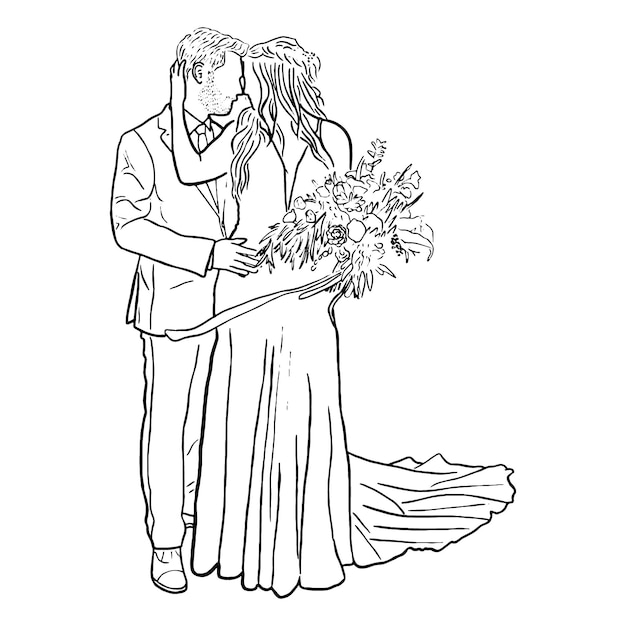 Vecteur dessin au trait de couple de mariage dessiné à la main minimal