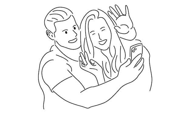 Dessin Au Trait D'un Couple Prenant Un Selfie à L'aide D'une Illustration Vectorielle De Smartphone