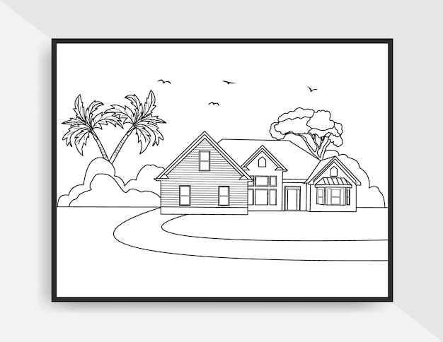 Dessin Au Trait De Croquis De Paysage De Maison Pour La Page De Coloriage Ou L'affiche