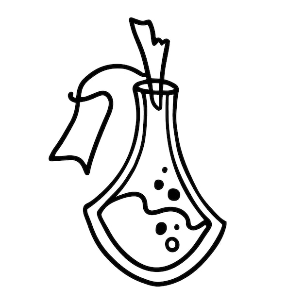 Dessin au trait dessiné à la main d'une bouteille de potion avec étiquette dans un style doodle