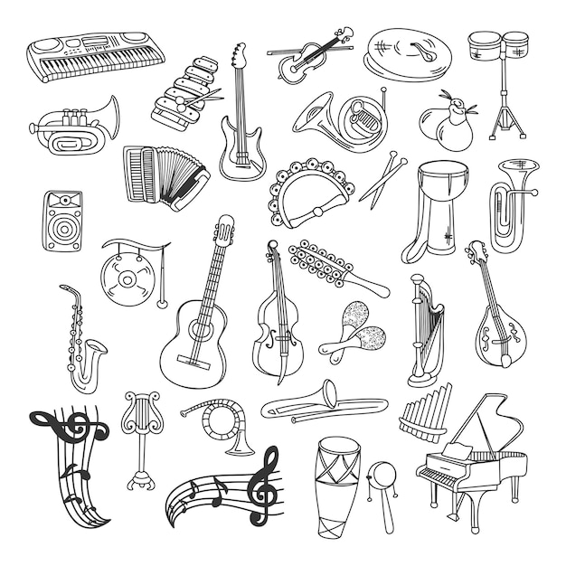 Dessin au trait de détail vectoriel gratuit doodle instruments de musique symphoniques classiques