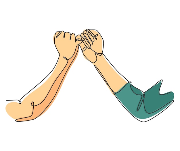 Vecteur un dessin au trait de deux mains s'accrochant leur doigt lien d'amitié dans un style de ligne continue