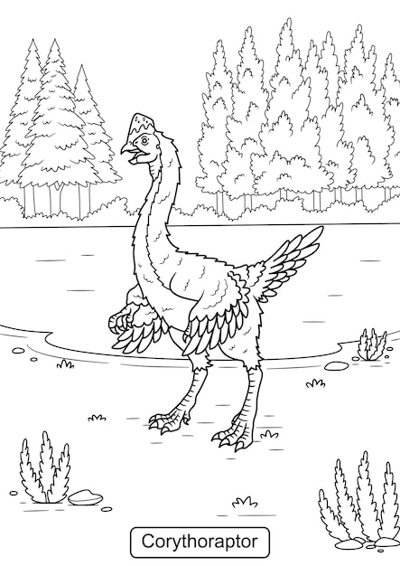 Vecteur dessin au trait de dinosaure corythoraptor pour illustration vectorielle de page à colorier