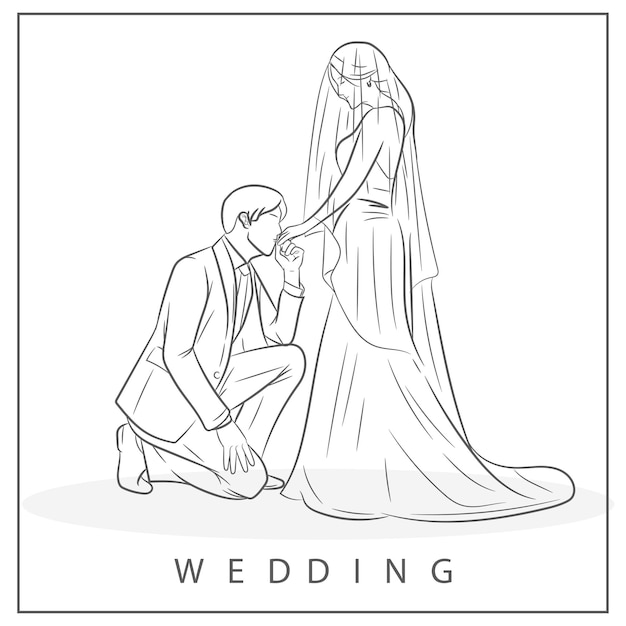 Vecteur dessin au trait doodle mariage mariée marié couple amour célébration romantique contour mariage